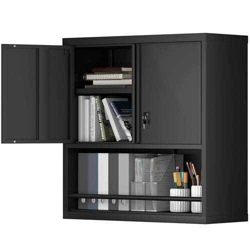 Metal Garage Storage Cabinets, Lockable Black Cabinet, Tool Cabinets Storage Wall Mounted, Hanging Cabinet with Guard Bar for Home Office, Basement - color: 30.7"h - Black