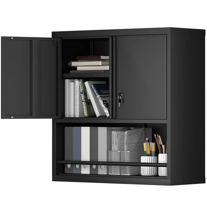 Metal Garage Storage Cabinets, Lockable Black Cabinet, Tool Cabinets Storage Wall Mounted, Hanging Cabinet with Guard Bar for Home Office, Basement - color: 30.7"h - Black