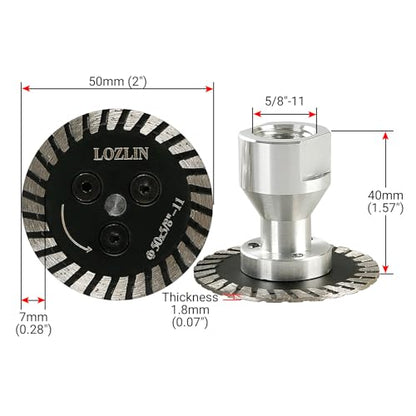 LOZLIN 50mm Diamond Saw Blade 5/8-11 Thread, Turbo Rim Cutting Disc for Granite Marble Concrete Stone, Compact Engraving Wheel for Angle Grinder Rotary Tool Power Drill