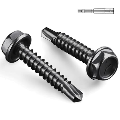 #8 x 1 Inch Self Drilling Screws, (76pcs) 0.5 lbs Black Self Tapping Screws for Metal, 410 Stainless Steel Hex Washer Head Sheet Metal Screw - color: Black 0.5lb Per Box, size: #8x1"