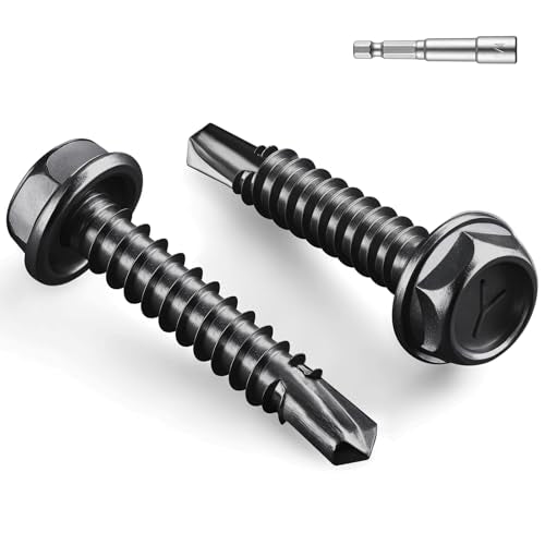 #8 x 1-1/4 Inch Self Drilling Screws, (63pcs) 0.5 lbs Black Self Tapping Screws for Metal, 410 Stainless Steel Hex Washer Head Sheet Metal Screw - color: Black 0.5lb Per Box, size: #8x1-1/4"