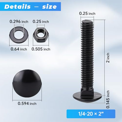 20 Sets 1/4-20 x 2 Black Carriage Bolts Screws and Hex Nuts & Flat Washers, 304 Stainless Steel 18-8, Round Head Square Neck, Full Thread Coverage - size: 1/4-20 x 2"