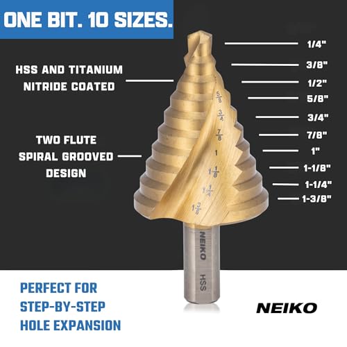 NEIKO 10612A Step Drill Bit, 10 Steps 1/4" to 1-3/8" Spiral High Speed Steel, Titanium Nitride Coated, 3/8" Tri Flat Step Bits for Steel, Metal, Wood, Plastic, Unibit Cone Drill Bits, Two Flute - size: #5 (1/4 - 1-3/8", 10S), style: Spiral