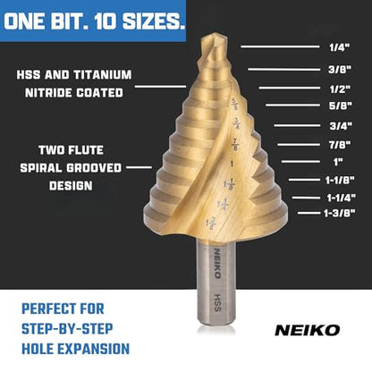 NEIKO 10612A Step Drill Bit, 10 Steps 1/4" to 1-3/8" Spiral High Speed Steel, Titanium Nitride Coated, 3/8" Tri Flat Step Bits for Steel, Metal, Wood, Plastic, Unibit Cone Drill Bits, Two Flute - size: #5 (1/4 - 1-3/8", 10S), style: Spiral