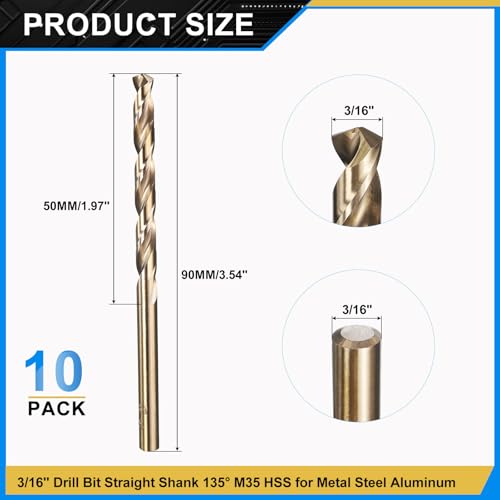 PATIKIL 3/16" Drill Bit M35 Cobalt 5% High-Speed Steel for Metal 10 Pack - size: 3/16 in