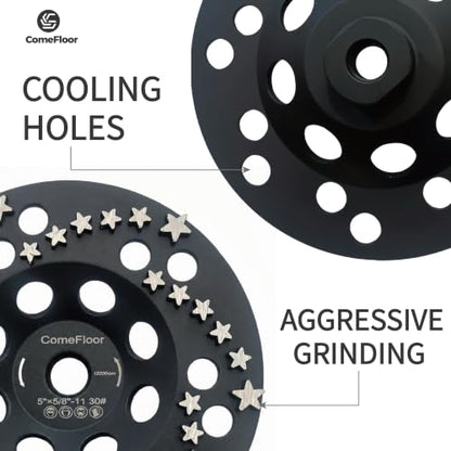 Diamond Grinding Cup Wheel for Concrete & Masonry, 36 Aggressive Star Segments, 5 Inch 5/8"-11 Thread, 30 Grit - style: 5"