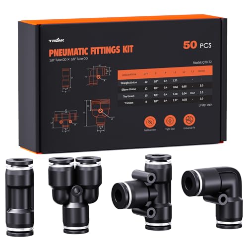 1/8" OD Push to Connect Fittings Kits –50PCS Air Line Connectors with Tee, Straight, Elbow, Splitters, Quick Connect Pneumatic Fittings, Push Lock Air Hose Fittings for Compressor, Air Tools & Tubing - color: 1/8" OD, size: Assorted kit(50pcs)