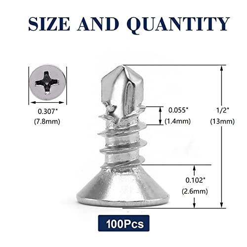 #8 x 1/2" Sheet Metal Screws 100Pcs 410 Stainless Steel Flat Head Tek Screws Fast Self Tapping Screws by SG TZH - size: #8 x 1/2"