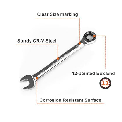 Egofine 7/16 inch Ratcheting Combination Wrench SAE, Industrial Grade Gear Spanner with 12-Point Design, 72-Tooth Ratchet, Chrome Vanadium Steel - size: 7/16"