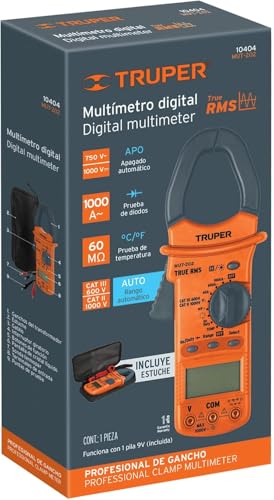 Truper Industrial Maintenance Digital Clamp Meter, Professional Multimeter with Hook Jaw, AC/DC Voltage, AC Current, Resistance, and Continuity Tester (Model 10404 / MUT-202)