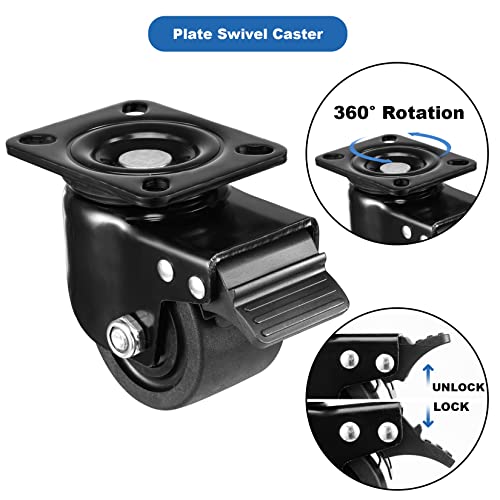 W B D WEIBIDA Plate Swivel Caster Wheels 3-inch Heavy Duty of 4400lbs, Low Gravity Center Design Black Caster Wheels with Brake, Durable & Quiet & Sturdy Nylon Wheels for Industrial, Set of 4 - style: 3 inch(Metal)