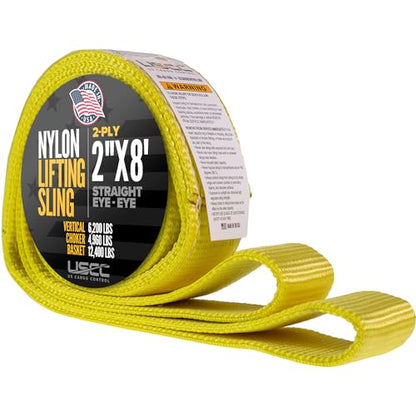 US Cargo Control Nylon Lifting Sling 2" x 8', 2-Ply Eye to Eye Slings (Made in USA) - 4,960 LBS Choker, 6,200 LBS Vertical, 12,400 LBS Basket Capacity - Lift Straps for Lifting & Rigging - size: 2in x 8ft (2-Ply)
