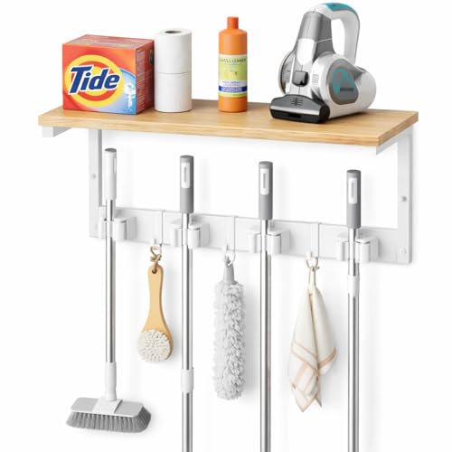 Upgraded Broom Holder Wall Mount with Shelf, Mop and Broom Organizer Wall Hanging, Cleaning Supplies Organizer (small) - size: small