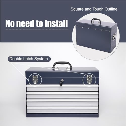 Heavy Duty Metal Tool Box, 21-inch, Portable Metal Tool Box with 4 Drawers, Small Tool Chest with EVA Liners, Ball Bearing Slide Drawers Locking & Powder Coated Finish, Multi-Function Tool Organizer - color: Tool Box-grey