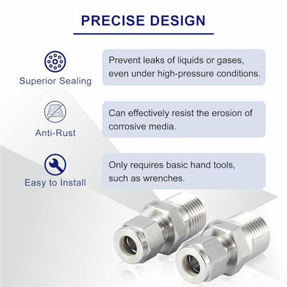 6mm OD x 1/4" NPT Male Compression Fitting, 316SS Straight Union