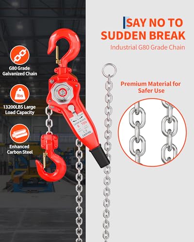 Heavy Duty Come Along–6 Ton 20FT Chain Hoist with G80 Galvanized Chain & Weston Brake,13200 Lb Capacity Chain Come Along Winch,Manual Lever Hoist for Engine Hoist,Garage, Farm,Unpowered Jobs - size: 6T 20FT
