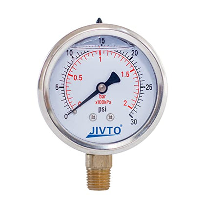 Pressure Gauge,Glycerin Liquid Filled,2-1/2" Dual Scale Dia,0-30 psi/bar/kpa,1/4" NPT Male Brass Connection,Lower Mount, Stainless Steel Case,for Pneumatic,Pump,Hose,Well Tank,Gas Air Water Oil - size: 0-30 psi, style: lower mount