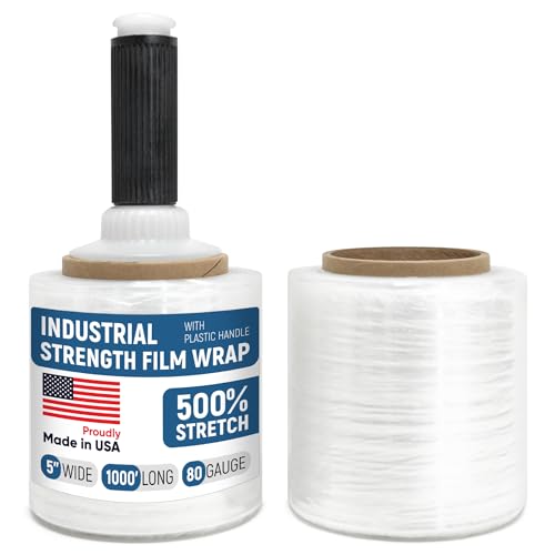 5” x 1000’ Stretch Wrap Mini 2 Rolls with Handle – Clear Plastic Stretch Film 80 Gauge, 500% Elongation, Heavy Duty Shrink Wrap for Moving, Packing & Shipping - style: Pack of 2