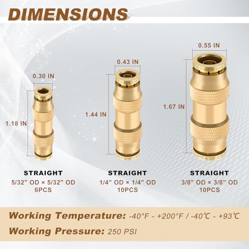 26PCS 5/32" 1/4" 3/8" Brass Dot Air Line Fitting Kit, Straight Union - size: 1/4" + 3/8" + 5/32"