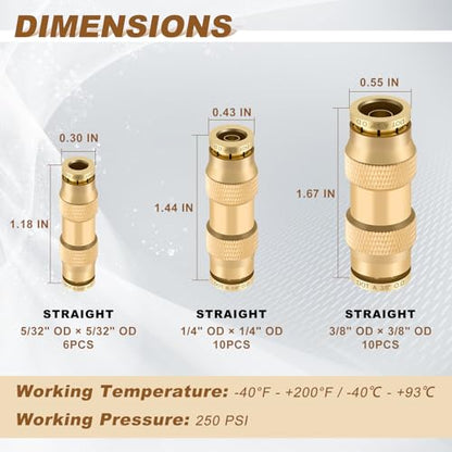 26PCS 5/32" 1/4" 3/8" Brass Dot Air Line Fitting Kit, Straight Union - size: 1/4" + 3/8" + 5/32"