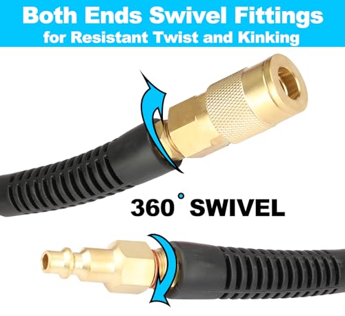YOTOO Reinforced Polyurethane Air Hose 1/4" Inner Diameter by 25' Long, Flexible, Heavy Duty Air Compressor Hose with Bend Restrictor, 1/4" Swivel Industrial Quick Coupler and Plug, Blue - size: 25 FT