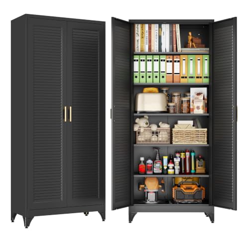 75" Metal Pantry Cabinet,Kitchen Storage Cabinet with Shelves - color: Black, size: 75"H-Louvered