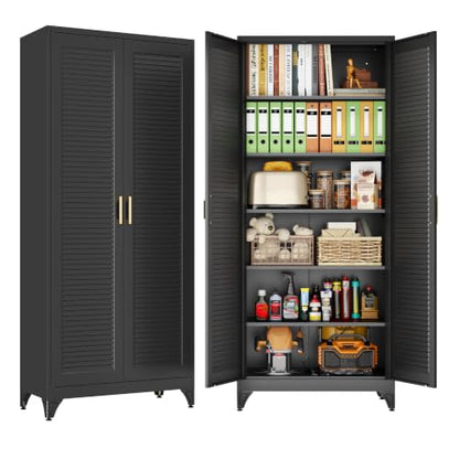 75" Metal Pantry Cabinet,Kitchen Storage Cabinet with Shelves - color: Black, size: 75"H-Louvered