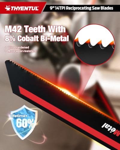 10 Pack 9 Inch 14TPI Reciprocating Saw Blades,M42 Teeth with 8% Cobalt Bi-Metal Sawzall Blades,for Pipe, Sheet Metal, Steel Demolition and PVC Pipe