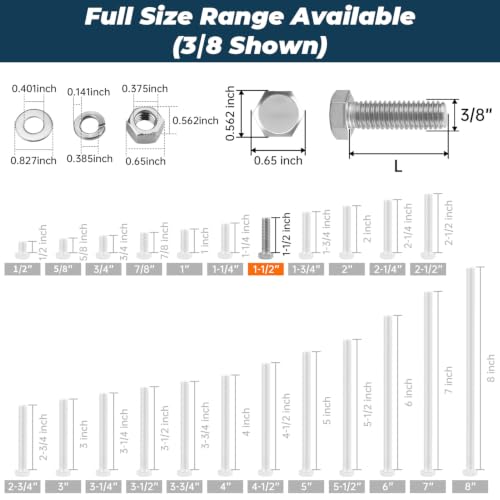 8 Sets Glvaner 3/8-16 x 1-1/2" Stainless Steel Hex Head Screws Bolts, Nuts, Flat & Lock Washers, 18-8 (304) Stainless Steel, Full Thread, Coarse Thread - size: 3/8-16 x 1-1/2"
