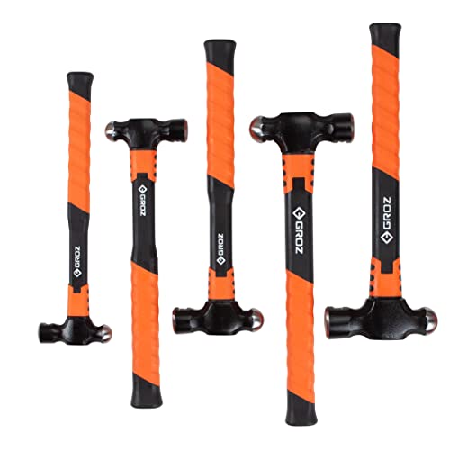 Groz Ball Pein Hammer Set, 5-Piece Fiberglass Handle Hammers — 8, 12, 16, 24, 32 oz, BS 876 Forged Heads 50-58 HRC, Overstrike Protection, TPR Grip for Metalwork (34938)