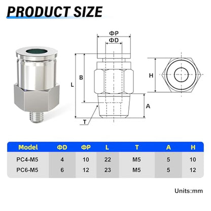 TAILONZ 304 Stainless Steel 4mm x M5 Push to Connect Straight 2Pcs - size: 4mm OD M5