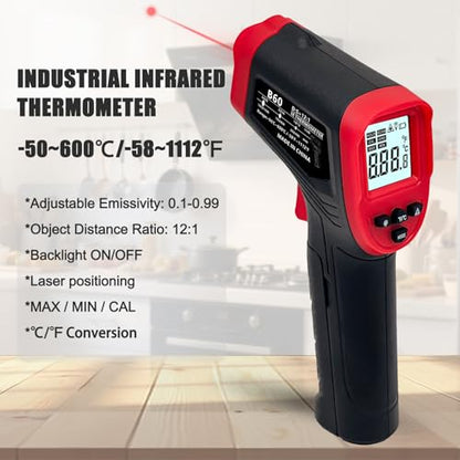 Digital Infrared Thermometer Gun for Cooking,-58 to 1112 °F Laser Temperature Gun with Adjustable Emissivity&MAX&MIN,IR Thermometer for Pizza,Oven,Grill,Kitchen,BBQ,Meat,Food,Griddle (not for Human)