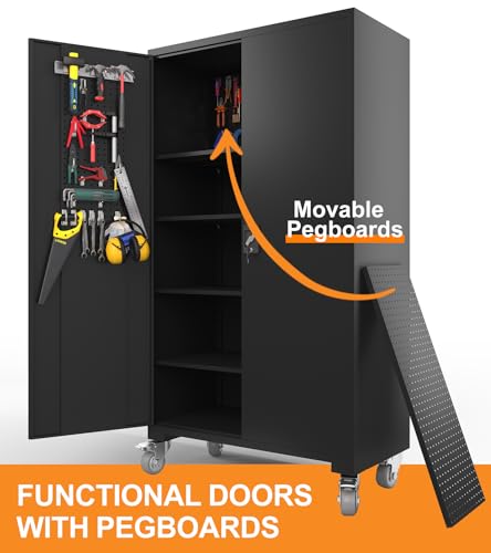 Large Metal Cabinet Two Lockable Doors Four Wheels,Four Adjustable dividers can be Used as Tool File Storage Suitable for garages Schools Gyms Offices