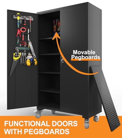 Large Metal Cabinet Two Lockable Doors Four Wheels,Four Adjustable dividers can be Used as Tool File Storage Suitable for garages Schools Gyms Offices