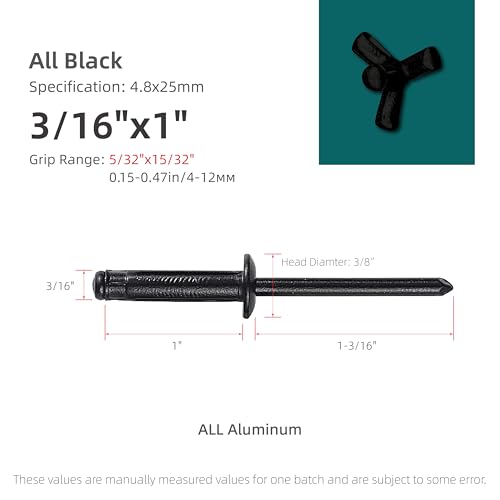 50Pcs Trifold Aluminum Exploding Blind Rivets, All Black, 3/16"x1" - color: All Black, size: 3/16"x1"