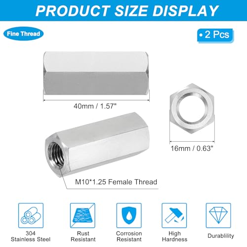 PATIKIL M10x1.25 Pitch 304 Stainless Steel Hex Coupling Nuts, 2 Pcs 40mm / 1.57" Length Fully Threaded Rod Coupling Nut Studding Connector Fasteners, Silver Tone - size: M10-1.25 x 40mm