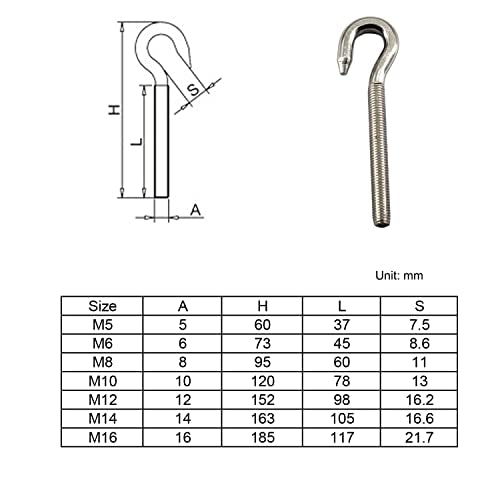 2Pcs M12 Stainless Steel Eye Bolt with Nut and Washers Long Shank Threaded Rod Round Hook Eyelet Bolt Screw - size: M12