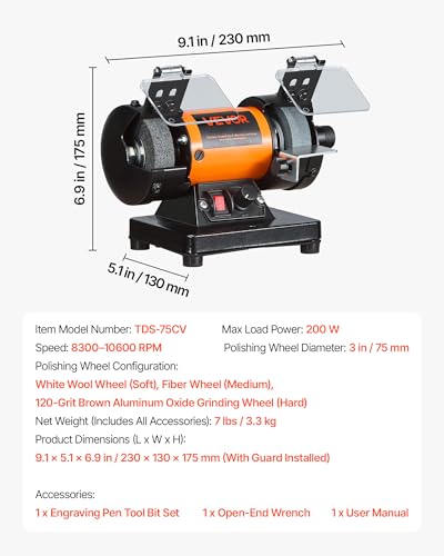 VEVOR Bench Buffer Polisher, 8300-10600 RPM Adjustable Speed, Polishing & Buffing Machine with Grinding, Fiber, and Wool Wheels, 100-Piece Accessory Kit, for Jewelry, Wood, Metal, Raw Stone, Jade DIY