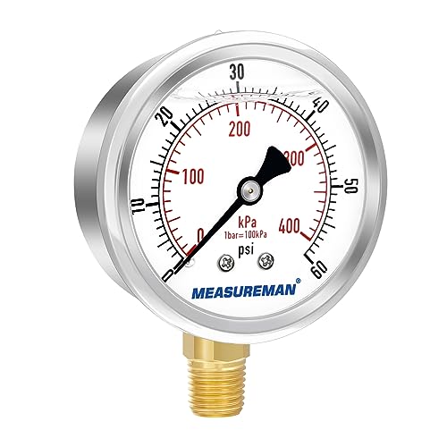 MEASUREMAN 0-60psi/kpa Liquid Filled Pressure Gauge with Brass Gauge Adaptor 1/4NPT Female，2-1/2 OAL x 1-2/5" x 1/8" Probe with Stainless Steel Sheath，Pressure Test Kit - size: 2.5 inches