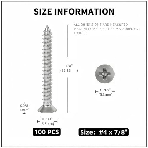 #4 x 7/8 [100 Pack] Flat Head Phillips Drive Self Tapping Screws, Sheet Metal Screws, 304 Stainless Steel (18-8), Corrosion Resistant Screws for Wood, Sheet Metal and More - size: #4 x 7/8