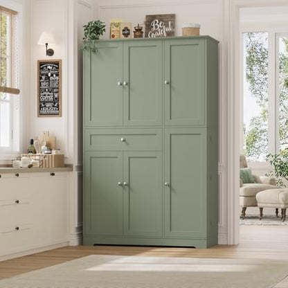 HOSTACK 68" Tall Kitchen Pantry Storage Cabinet with Doors & Shelves, Green - color: Sage Green