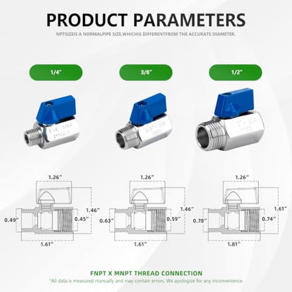 3 Pack 1/4" Mini Ball Valve, 304 Stainless Steel FNPT x MNPT Shut Off Valve - size: 0.25 Inch