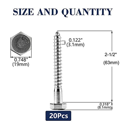 1/2" x 2-1/2" Hex Head Lag Screws Bolts 20Pcs 304 Stainless Steel 18-8, Partial Thread, Hexagon Head Wood Screws by SG TZH - size: 1/2-13 x 2-1/2"