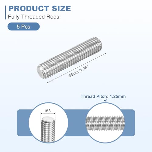uxcell 5Pcs M8-1.25x35mm Fully Threaded Rods, Threaded Rods Bar Studs, 304 Stainless Steel Long Thread Screws Hardware for U-Bolts, Anchors, Clamps, Hangers, Silver - size: M8-1.25x35