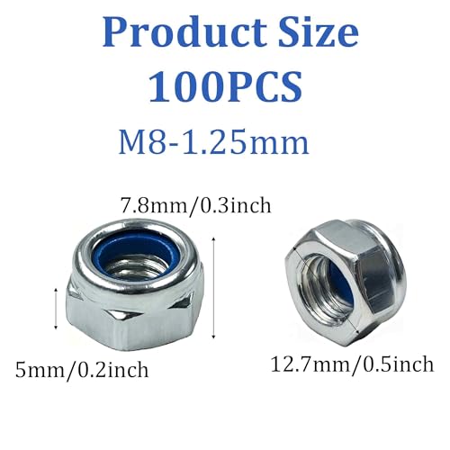 100PCS M8-1.25mm Hex Lock Nuts, Carbon Steel Nylon Insert Self-Locking Nuts, Zinc Plated Metric Fasteners for Automotive Machinery Equipment