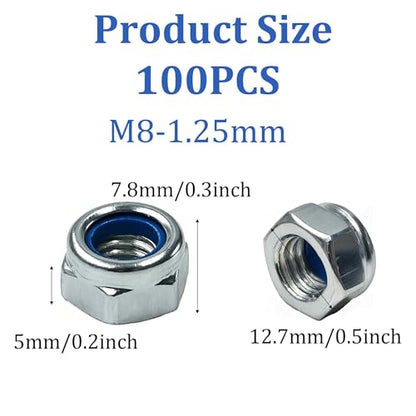 100PCS M8-1.25mm Hex Lock Nuts, Carbon Steel Nylon Insert Self-Locking Nuts, Zinc Plated Metric Fasteners for Automotive Machinery Equipment