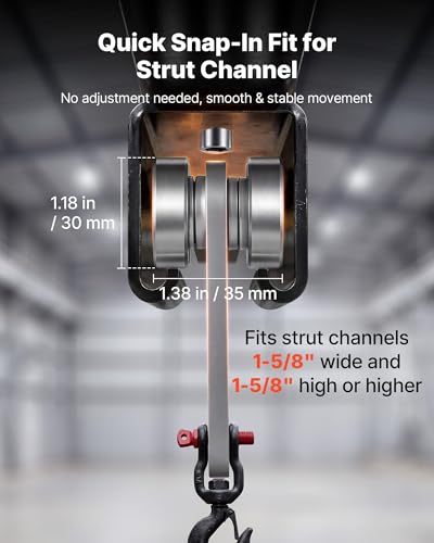 VEVOR 4 Wheel Trolley Assembly Rollers, 4 Pcs 1100 lbs Load, Dual Bearing Trolley Assembly for 1-5/8" Wide and All 1-5/8" or Taller Strut Channel, Heavy Duty Sliding Track System for Warehouse Garage