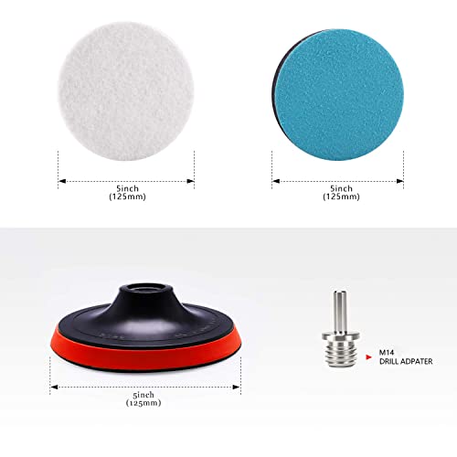 5Inch Glass polishing Pads, 10Pcs Wool Felt Disc Glass Polishing Kit Buffing Pads Sanding Discs with Backing Pad and M14 Drill Adapter for Rotary Tools Polish Glass and Metal