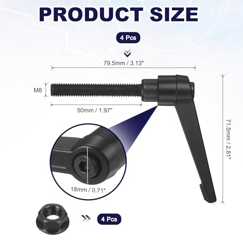 uxcell 4Pcs Adjustable Clamping Lever Handles, M8x50mm Zinc Alloy Male Thread Stud Knobs with Nuts Quick Release Bolt Rotating Screw Handles for Lathes Woodworking, Black - size: M8x50mm