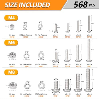 568 Pcs M4 M6 M8 Phillips Pan Head Machine Screws Bolts Assortment Kit - size: M4/M6/M8 - 10/16/20/30/40mm